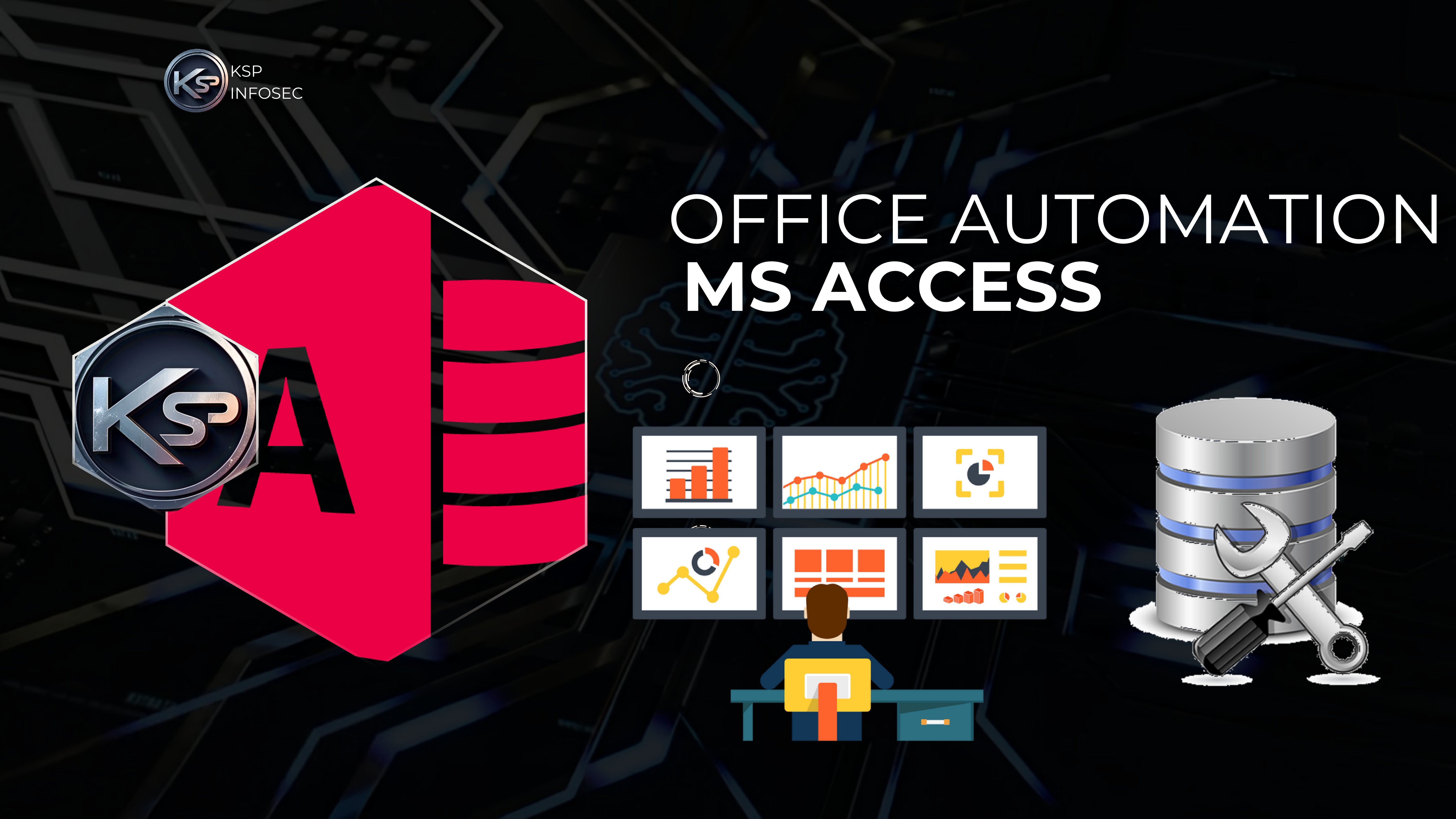 Infographic showing a slideshow screen, presentation slides, and MS PowerPoint logo with neon orange highlights on a dark background